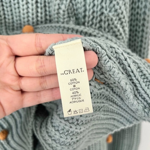 THE GREAT. The Bobble Sophomore Knit Cardigan in Dusty Blue/Honey Sz S - Picture 7 of 7